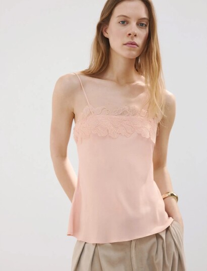 Mango Lace Trim Top Pink S