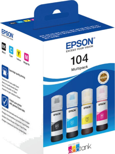 Epson T104 combo pack 4 stk EcoTank blekkpatron - C13T00P640 Original - BK/C/M/Y 280 ml Epson T104 combo pack 4 stk EcoTank blekkpatron - C13T00P640 Original - BK/C/M/Y 280 ml