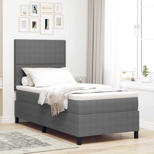 Box Spring Seng med Madrass & LED Lys Lys Grå Enkelt Corduroy Stoff