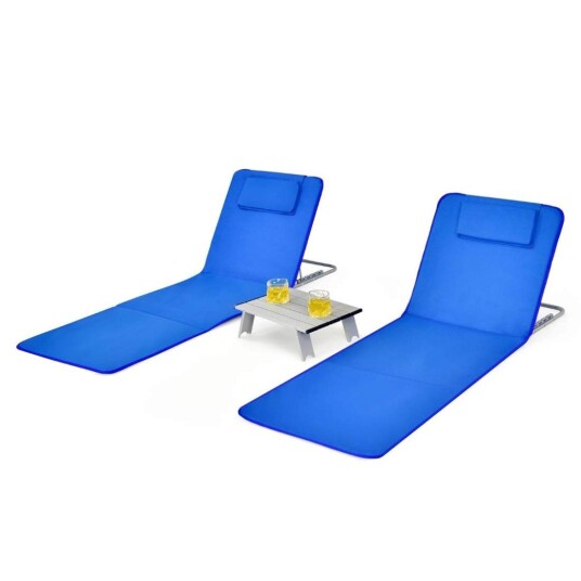 Sett med 2 sammenleggbare strandmatter med 2 lenestoler og sidebord 151 x 55,5 x 27-47 Blå Sett med 2 sammenleggbare strandmatter med 2 lenestoler og sidebord 151 x 55,5 x 27-47 Blå