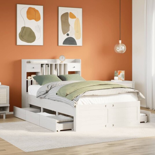  Seng med bokhylle uten madrass hvit 135x190 cm heltre furu 8721158384157