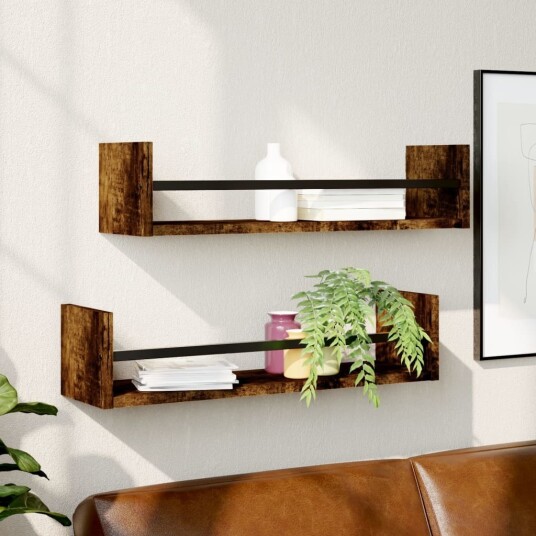  Vegghyller med stenger 2 stk røkt eik 60x16x14 cm 8721012125971