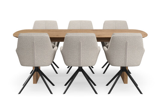 Richeto Spisegruppe 210 cm med 6 Torsby Snurrestoler Naturlig finish/Mørk beige
