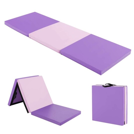Sammenleggbar myk gulvmatte med 2 håndtak Sklisikker gymnastikkmatte 180 x 60 x 5 cm Lilla + Rosa