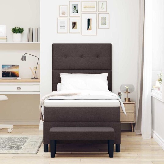 Seng med bunnfeste og madrass Mørk brun 90x190 cm Stoff