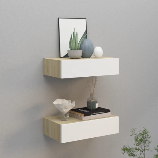 vidaXL Veggmonterte skuffehyller 2 stk eik og hvit 40x23,5x10 cm MDF vidaXL Veggmonterte skuffehyller 2 stk eik og hvit 40x23,5x10 cm MDF