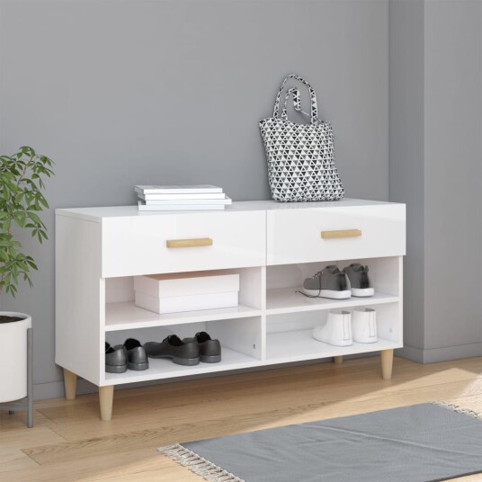 vidaXL Skoskap h?yglans hvit 102x35x55 cm konstruert tre