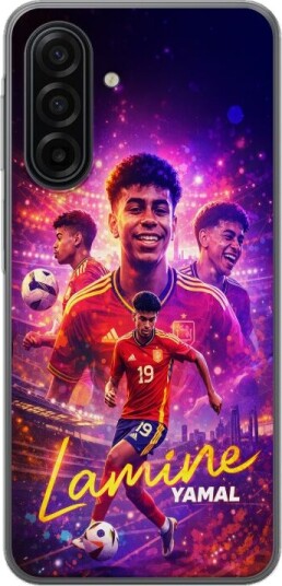 Kompatibelt Mobildeksel til Samsung Galaxy A17 5G Lamine Yamal fotballplakat i spansk landslagstrøye med fartfylt action fargerik sportillustrasjon