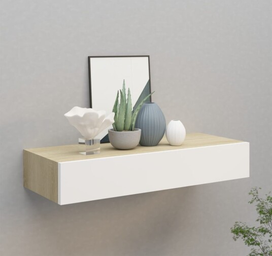 vidaXL Veggmontert skuffehylle eik og hvit 60x23,5x10 cm MDF vidaXL Veggmontert skuffehylle eik og hvit 60x23,5x10 cm MDF