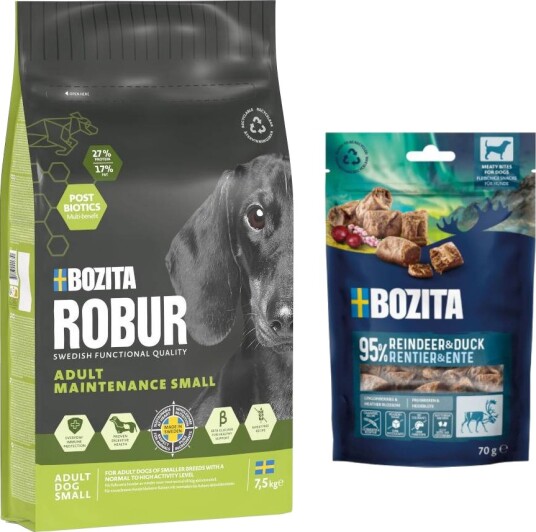Bozita Robur Tørrfôr Adult + Meaty Bites Med Reinsdyr Og And På Kjøpet Maintenance Mini Kylling 7.5 kg 12 kg 2 X 70 G 7.5 kg