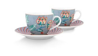 Flower Festival espressokopp 12 cl med fat 4 deler, Light Blue