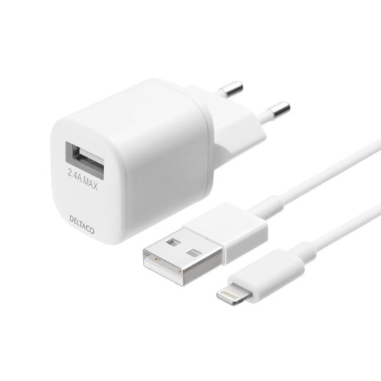 Deltaco USB Vegglader 12W med Lightning-kabel 1m Hvit