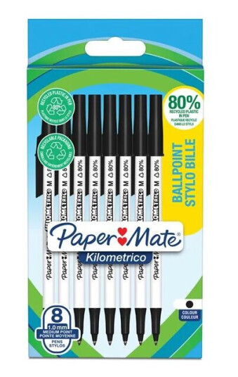 Paper Mate Kilometrico kulepenner | Lang skriving med middels punkt 1,0 mm | Svart blekk | 80 % resirkulert plast | 8 Stk