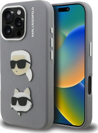 Karl Lagerfeld Karl & Choupette Heads Pins Etui til iPhone 16 Pro med MagSafe - Grå