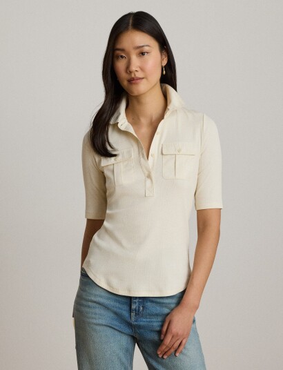 Lauren Ralph Lauren Rib Knit Elbow Sleeve Collared Top Cream L