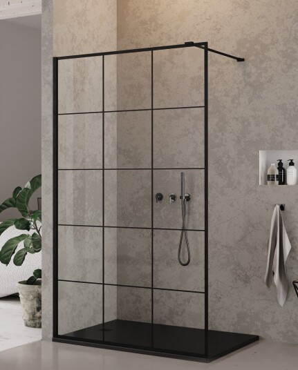 100x200 | NEW MODUS Walk in Dusjvegg | Enkel Glassvegg med sprosser | 8mm glass | Sort Matt