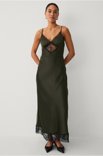 Gina Tricot Maxikjole Satin Lace Grønn