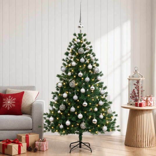 vidaXL Kunstig juletre med julekuler 150 cm 150 LED-lys Varmhvit
