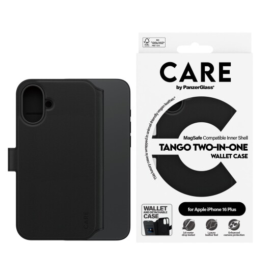 PanzerGlass Tango 2-i-1 Lommebokdeksel MagSafe til iPhone 16 Plus - Sort PanzerGlass Tango 2-i-1 Lommebokdeksel MagSafe til iPhone 16 Plus - Sort