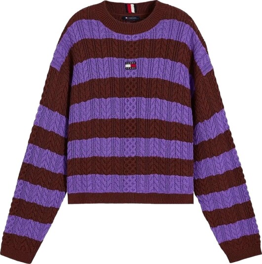 Tommy Jeans Tjw Cable Crew Neck Sweater Ext PURE BROWN PREPPY LILAC STRIPE L