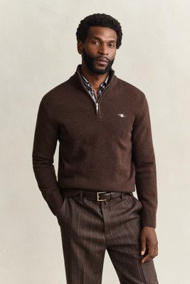 Gant Cotton Knit Half Zip Sweater BLACK BROWN MELANGE 3XL
