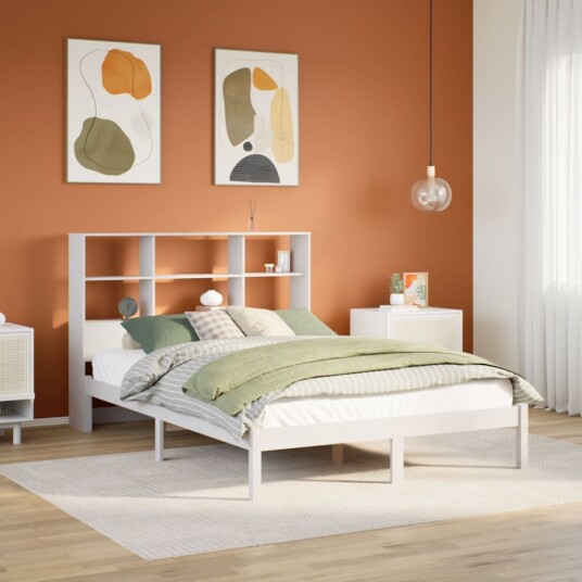 Seng med bokhylle uten madrass hvit 150x200 cm heltre furu 8721158603777