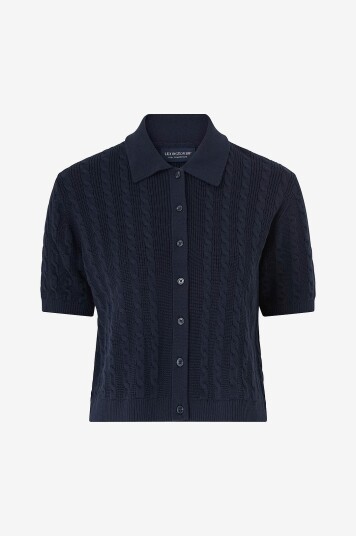 Lexington - Kabelstrikket polo cardigan med korte ermer - Blå Lexington - Kabelstrikket polo cardigan med korte ermer - Blå