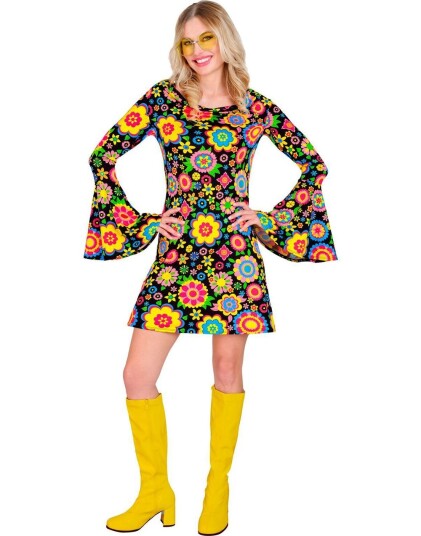 60"s Kort Svart Hippiekjole med Fargerike Blomster til Dame