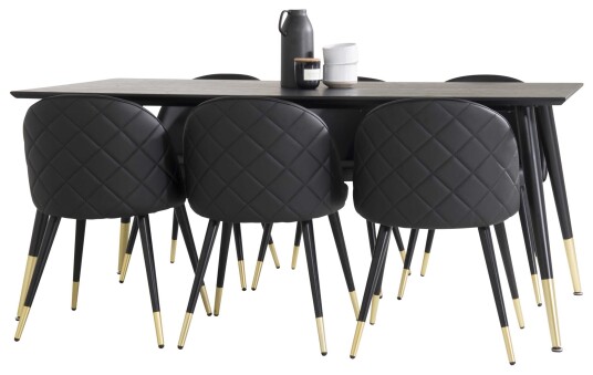 Venture Design Dipp & Velvet spisegruppe Svart/svart 6 st stoler & bord 180 x 90 cm