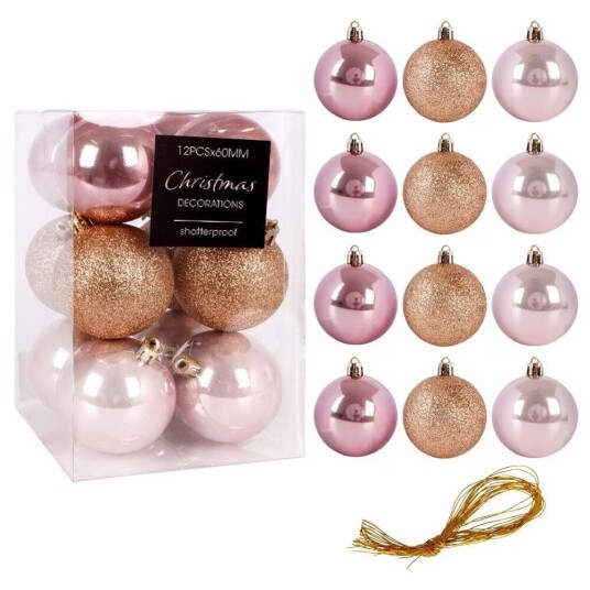 B2X Sett med 12 uknuselige rosa juletrekuler glitter og matt
