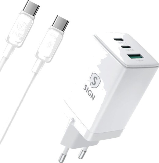 SiGN OnePlus 65W GaN hurtiglader 2xUSB-C og 1xUSB med USB-C-kabel, 2m Hvit