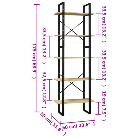 vidaXL Bokhylle 5 niv?er 60x30x175 cm furu