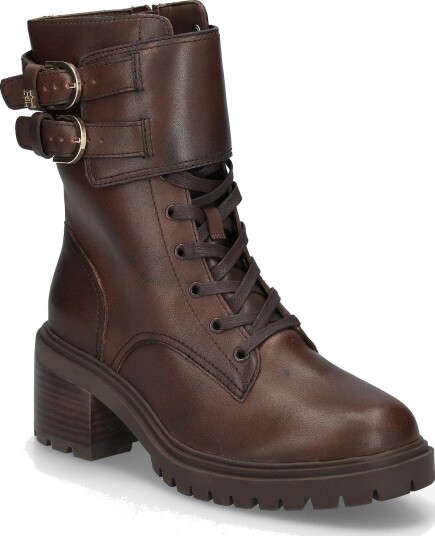 Tommy Hilfiger Block Heel Buckled Lace-Up Boot - BRUSHED BROWN - 36