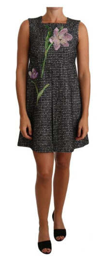 Dolce & Gabbana Houndstooth Floral Appliqué Shift Mini Dress Grå XS
