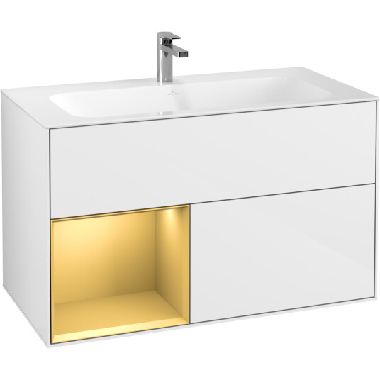 VILLEROY & BOCH FINION SERVANTSKAP 100 HVIT HØYGLANS LAKK M/LYS, VENSTRESTILT MATT GULL HYLLE VILLEROY & BOCH FINION SERVANTSKAP 100 HVIT HØYGLANS LAKK M/LYS, VENSTRESTILT MATT GULL HYLLE