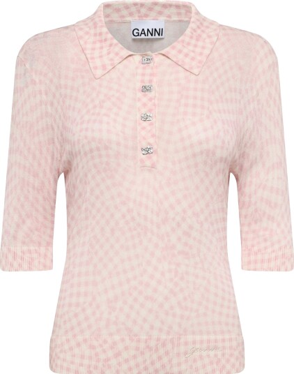 Ganni Sheer Cotton Printed Polo Pink L
