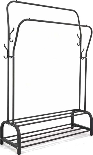 Klesstativ i jern – 2 skinner 2 hyller sidekroker Klesstativ i jern – 2 skinner 2 hyller sidekroker