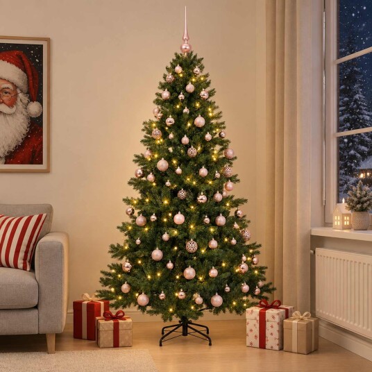 vidaXL Kunstig juletre med julekuler 240 cm 300 LED-lys Varmhvit