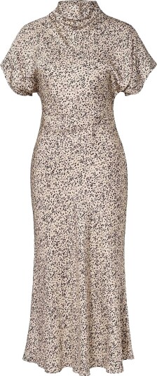 By Malina   Kjole Alivia Short Sleeve Satin Midi Dress   Beige