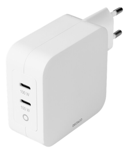 Deltaco Usb-C Wall Charger With Dual Usb-C Ports Pd And Gan Technology, 100 W, White