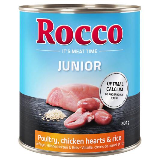 Rocco Økonomipakke Junior 24 X 800 G Kyllinghjerter & Ris Med Kalsium
