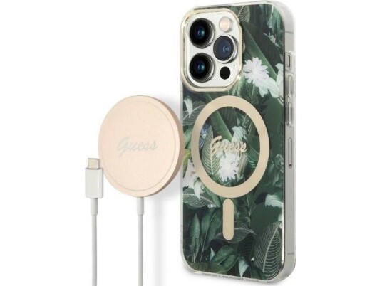 Guess-Lader Guess-Etui + Trådløs Lader Gubpp14lhjeacsa Apple Iphone 14 Pro Grønn/Grønn Hardt Etui Jungle Magsafe