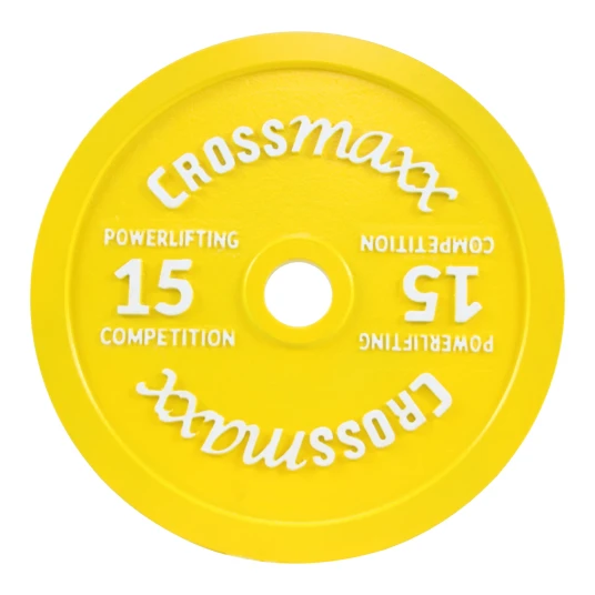 Crossmaxx kalibreret vægtskive 15 kg i støbejern til styrkeløft gul
