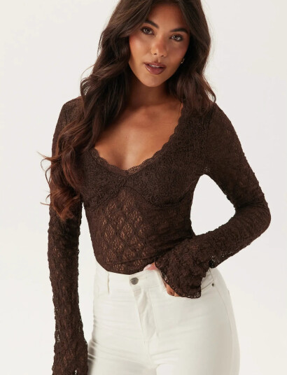 Bubbleroom V-Neck Lace Top - Brown - S x 54