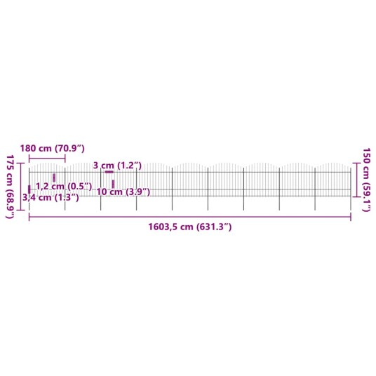 Hagegjerde med spydtopp stål (1,5-1,75)x15,3 m svart