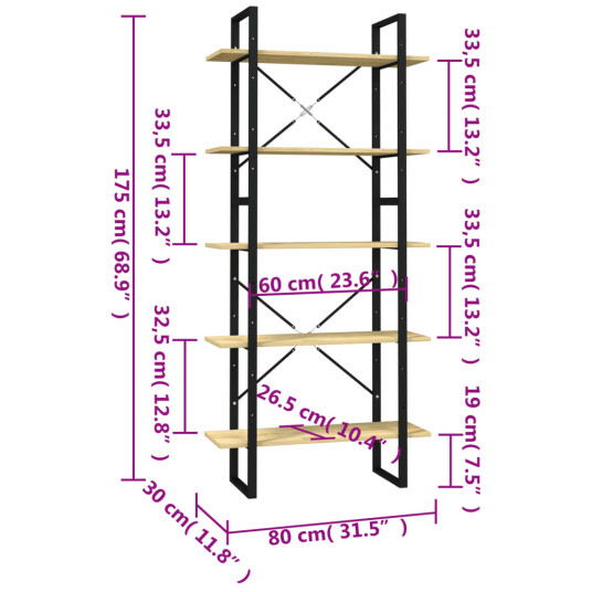 vidaXL Bokhylle 5 niv?er 80x30x175 cm furu