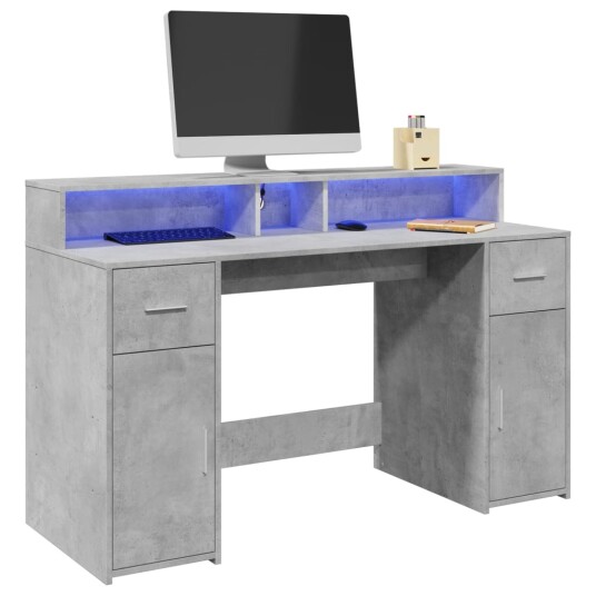 Skrivebord med LED-lys betonggrå 140x55x91 cm konstruert tre