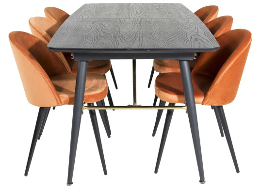 Venture Design Black Veneer & Velvet spisegruppe Svart/orange 6 st stoler & bord 180 x 85 cm