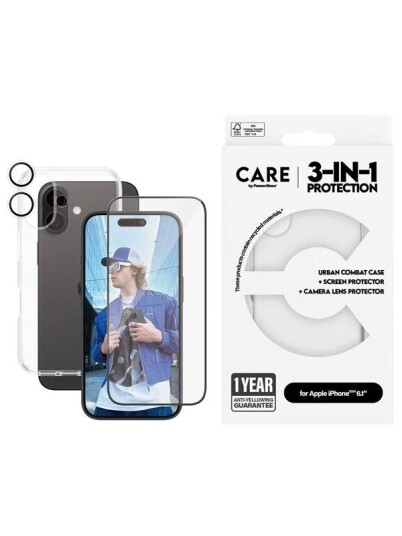 Care by PanzerGlass 3-i-1 Beskyttelsespakke for iPhone 16 med Skjerm- og Kamerabeskyttelse