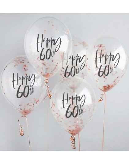 5 stk 30 cm Gjennomsiktige Happy 60th Ballonger med Rosegull Konfetti